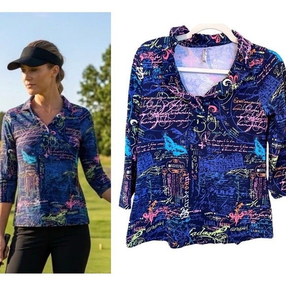 Lulu-B Tops - Lulu-B Size XS Ruffle V-Neck 3/4 Sleve UPF 50 Top Paris Print French Script